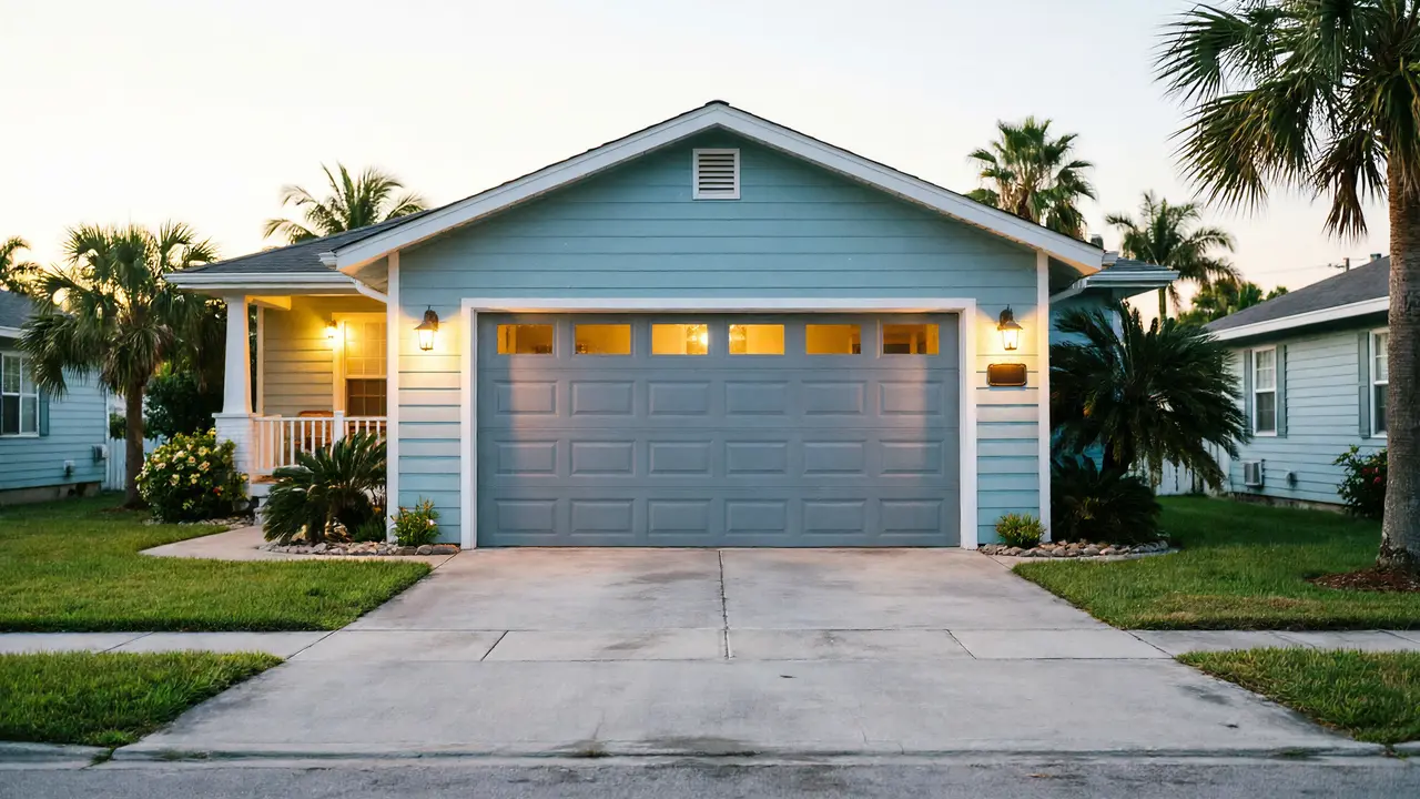 A light blue house has a gray garage door with windows and two outdoor lights.